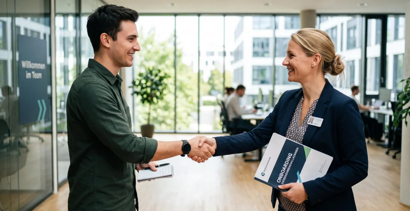 Représentant RH accueillant un nouveau talent dans son bureau allemand.